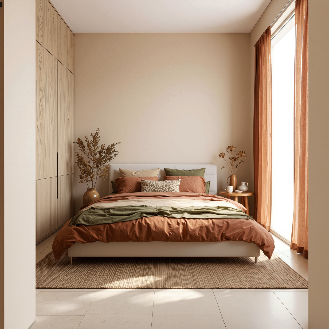 Imagen orientativa del dormitorio: cama en tonos terracota y oliva, armario de madera y ventanal con cortinas