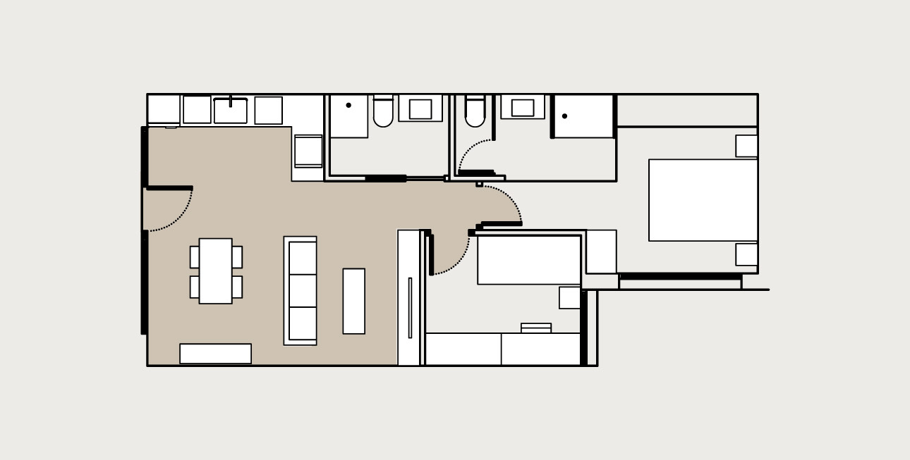 Floor plan of the two-bedroom apartment: two bedrooms, two bathrooms, open kitchen and living room.