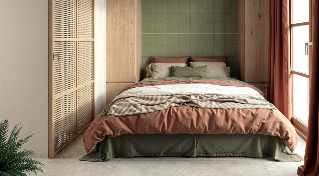De tweede slaapkamer: een groen betegeld hoofdbord, eiken lambrisering, een kastdeur van rotan, een raam met terracotta gordijnen.